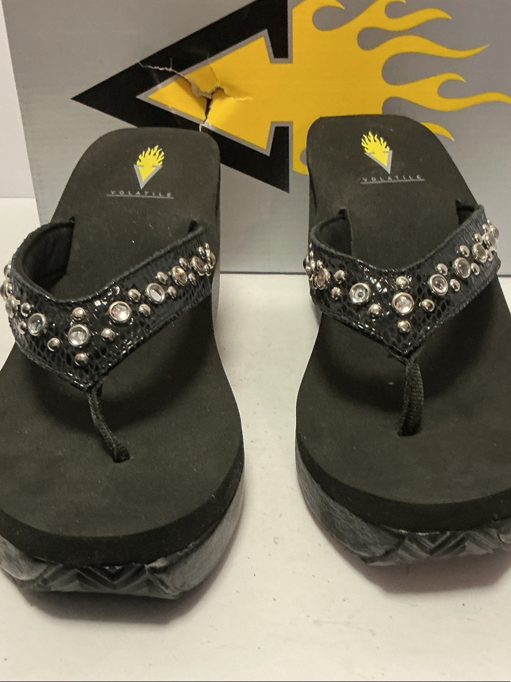 Volatile Black Wedge Thong Sandals with Crystal Accents - Picture 5 of 8